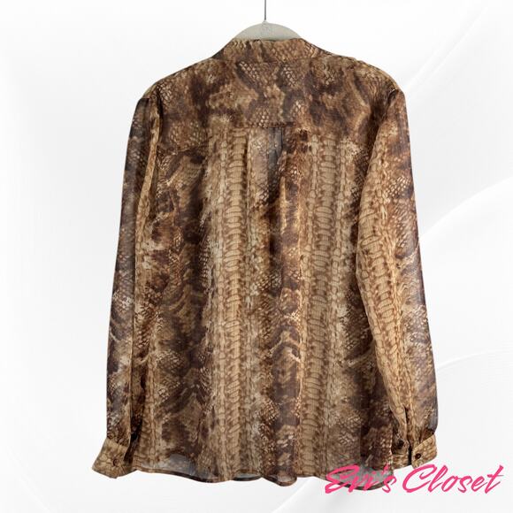 Chico's Women's Snake Skin Print Sheer Brown Blouse Sz 1/ M 8 Attached Neck Tie - Picture 2 of 6